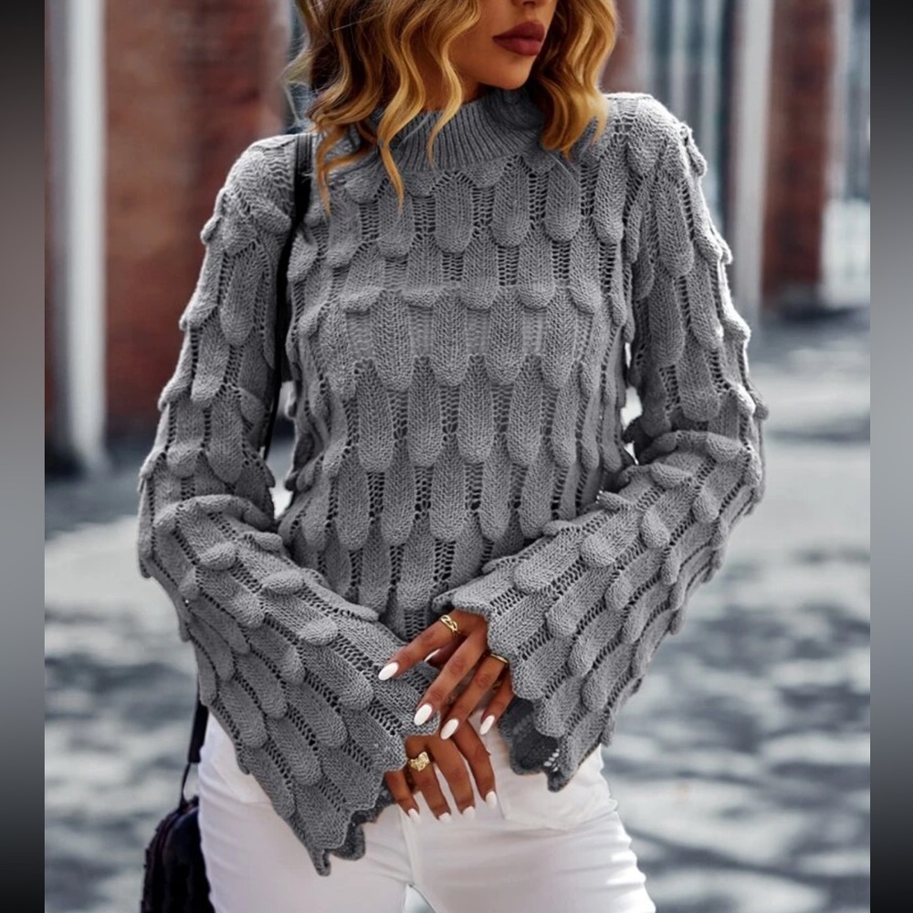 Gray Mock Neck Trumpet Sleeve Textured Knit Sweater